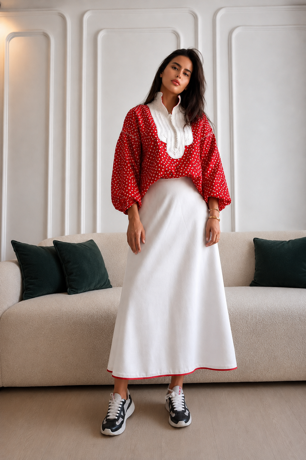 Ensemble Jabador Rouge à Pois & Jupe Blanche