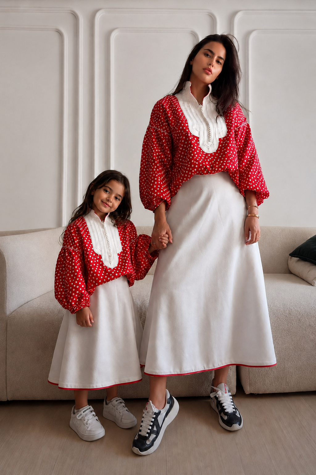Ensemble Mère Fille Rouge à Pois & Jupe Blanche